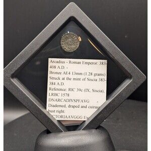 Arcadius Roman Coin – AE4 Bronze, 383 AD, Siscia Mint in Floating Display Case
